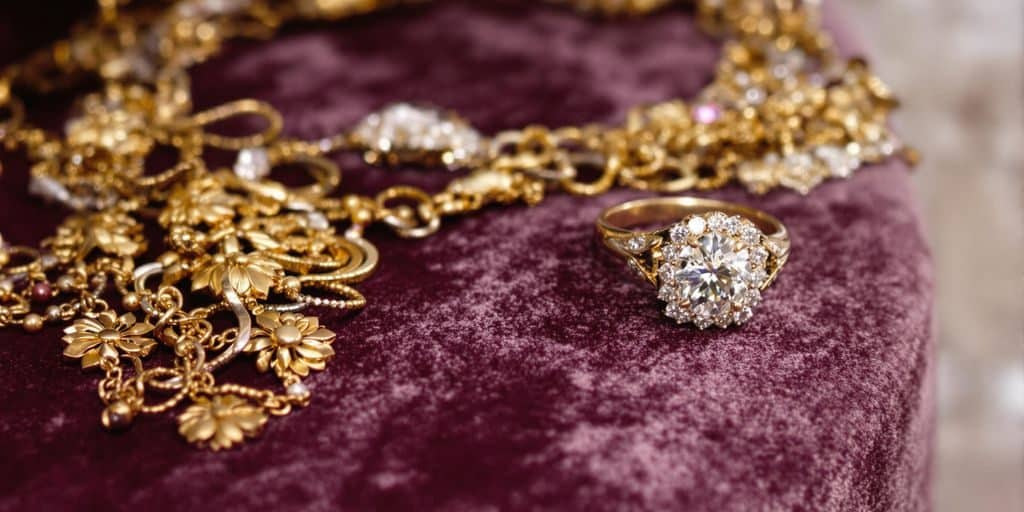 Une main tenant un collier en or et une bague.