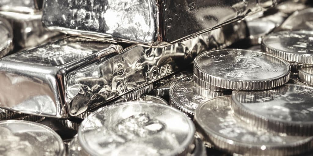 Lingots et pièces d'argent brillants empilés.