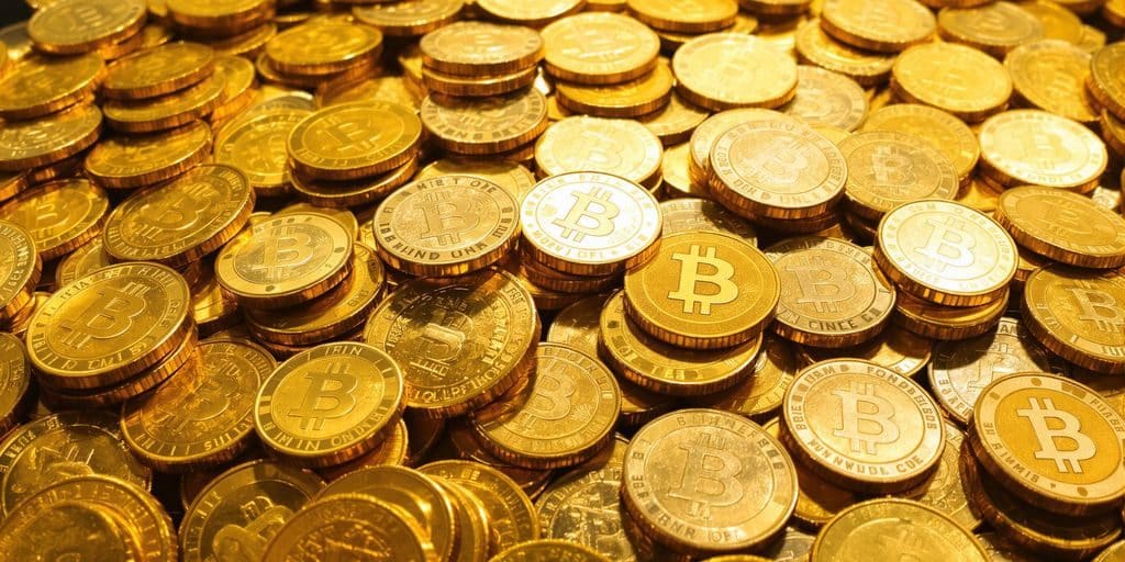 Un tas de pièces d'or et de billets de banque empilés.