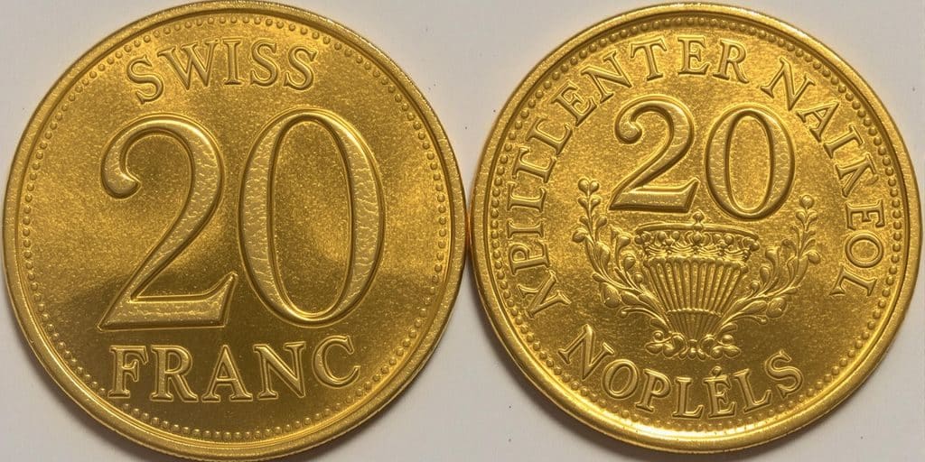 Deux pièces d'or côte à côte : 20 Francs Suisse et Napoléon.