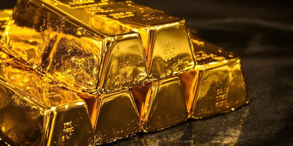 Lingots d'or brillant sur fond sombre.