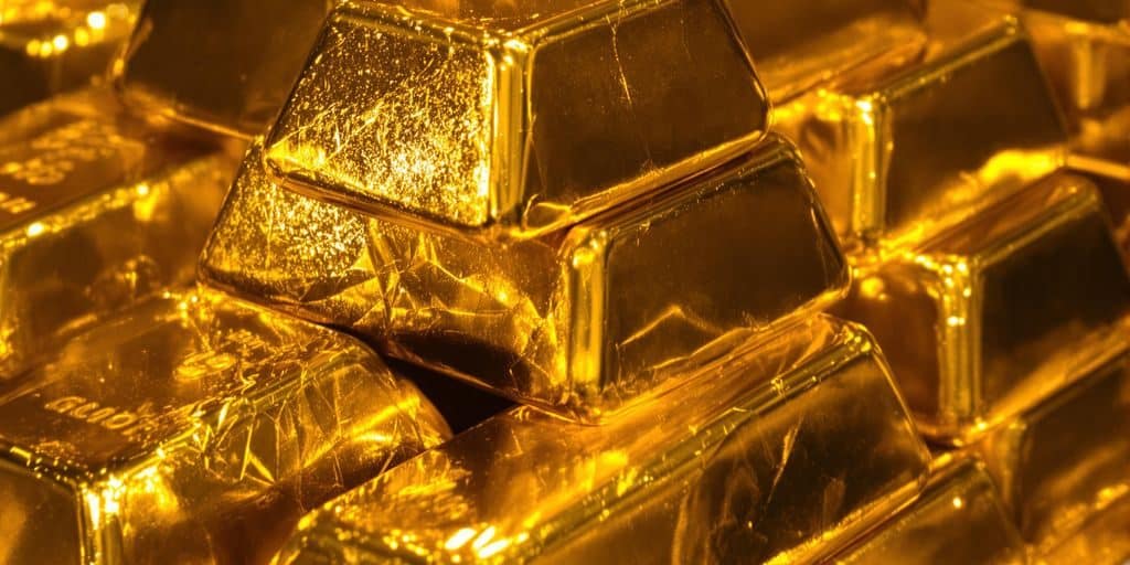 Lingots d'or brillants sous un éclairage dramatique.