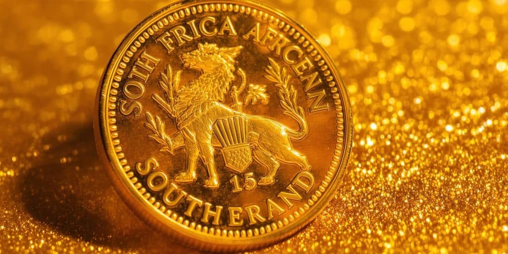 Un Krugerrand scintillant sur un fond doré.