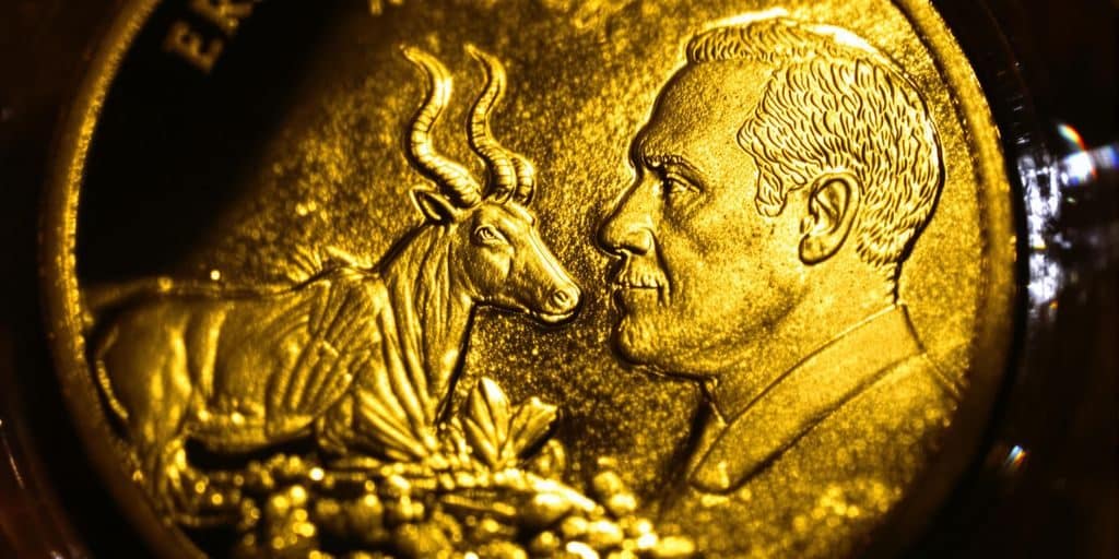 Pièce d'or Krugerrand sur fond neutre.