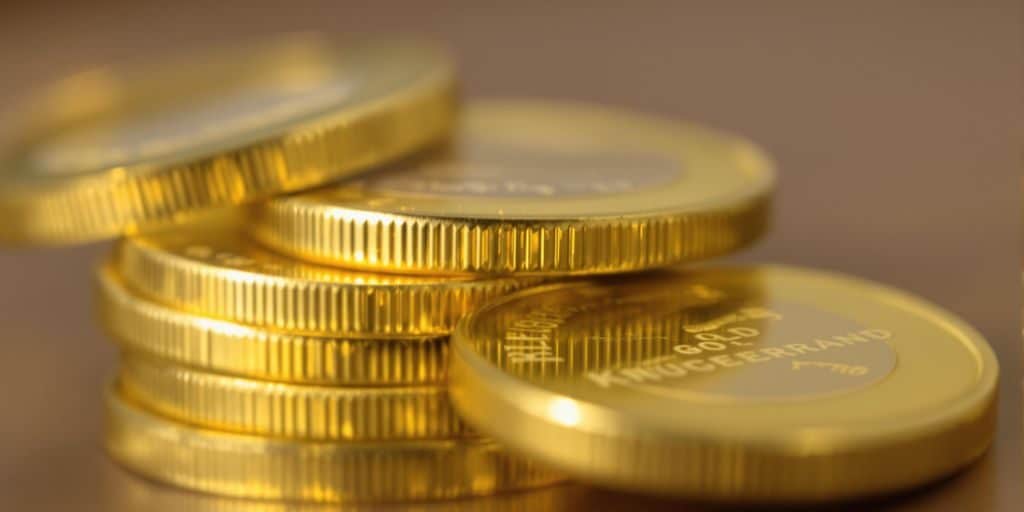 Pièces d'or Krugerrand brillantes sous un éclairage vif.