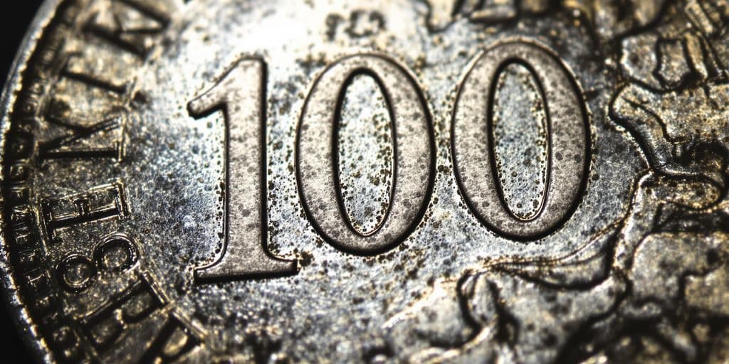 Une pièce de 100 francs en argent.