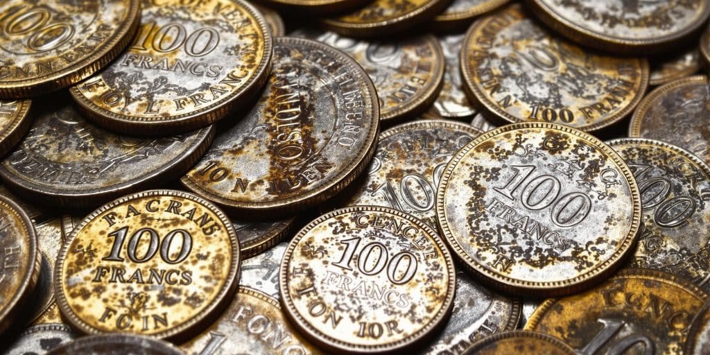 Collection de pièces de 100 francs françaises anciennes.